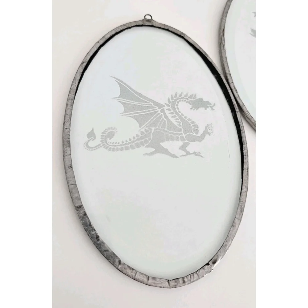 Vintage 3 Oval Etched Glass Unicorn Wolf Dragon Wall Hangings In Metal Frames